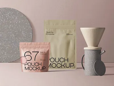 Coffee Pouch Mockups With Kitchenware Front View coffee