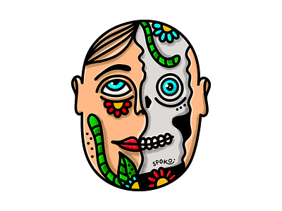 Half Skull eye face flower leaf skull