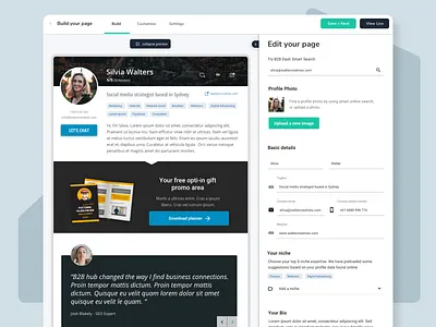 B2B Hub profile page builder business crm product design ui ux