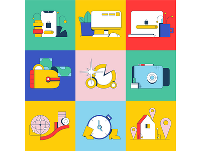Transport renting app icon set character coffee coin computer flat geometrical gradient icon icons illustration laptop lineart minimal money phone safe time ui vector wallet