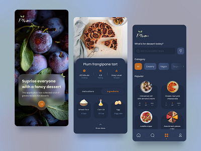 Plum - Cooking Desserts Recipes app app design cook cook app cooking app dark mode figma design food food app food recipe app fruit mobile app mobile design purple splash screen ui ui design uiux ux ux design