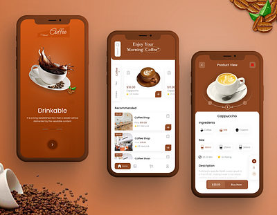 Coffee Shop Mobile Apps application application ui brown chocolate coffee coffee shop dark ui food app glassmorphism mobile app mobile app design mobile design mobile ui order app order food order management ui design ux design