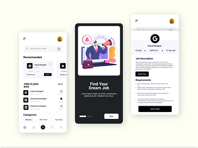 Job Finder App Design app clean ui creative design job job find minimal mobile ui ui design