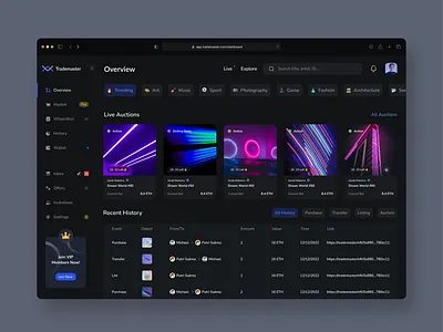 Trademaster - NFT Dashboard bitcoin blockchain clean crypto dark darkmode dashboard ethereum exploration graphic design landingpage marketplace nft nft dashboard nft product nfts trading ui uiux wallet