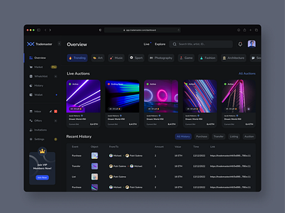 Trademaster - NFT Dashboard bitcoin blockchain clean crypto dark darkmode dashboard ethereum exploration graphic design landingpage marketplace nft nft dashboard nft product nfts trading ui uiux wallet