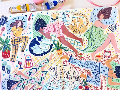 Sleep Well art drawing gouache hand drawn home illustration painting sleep women