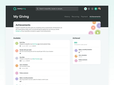 Every.org | Achievements achievements charity donate donations nonprofit rewards ui web