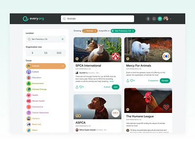 Every.org | Search cards charity donate donations feed filter location nonprofit results search ui web