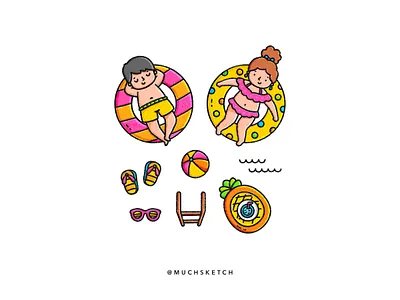 Pool party 😎 + 🍍 + 🩴 affinity designer beach ball bikini character design character drawing cute flip flops float illustration illustrator pineapple pool pool party procreate shorts summer sunglasses swimming trunks vector