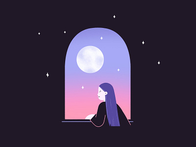Moon blue character girl hair hand home house illustration line long hair moody moon night planet purple sky space stars texture window