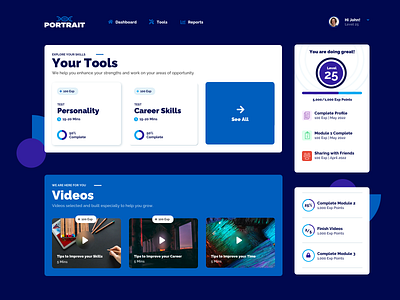 Career Skills Dashboard badges dashboard education elearning gamification grow learning profile progress skills tests ui videos