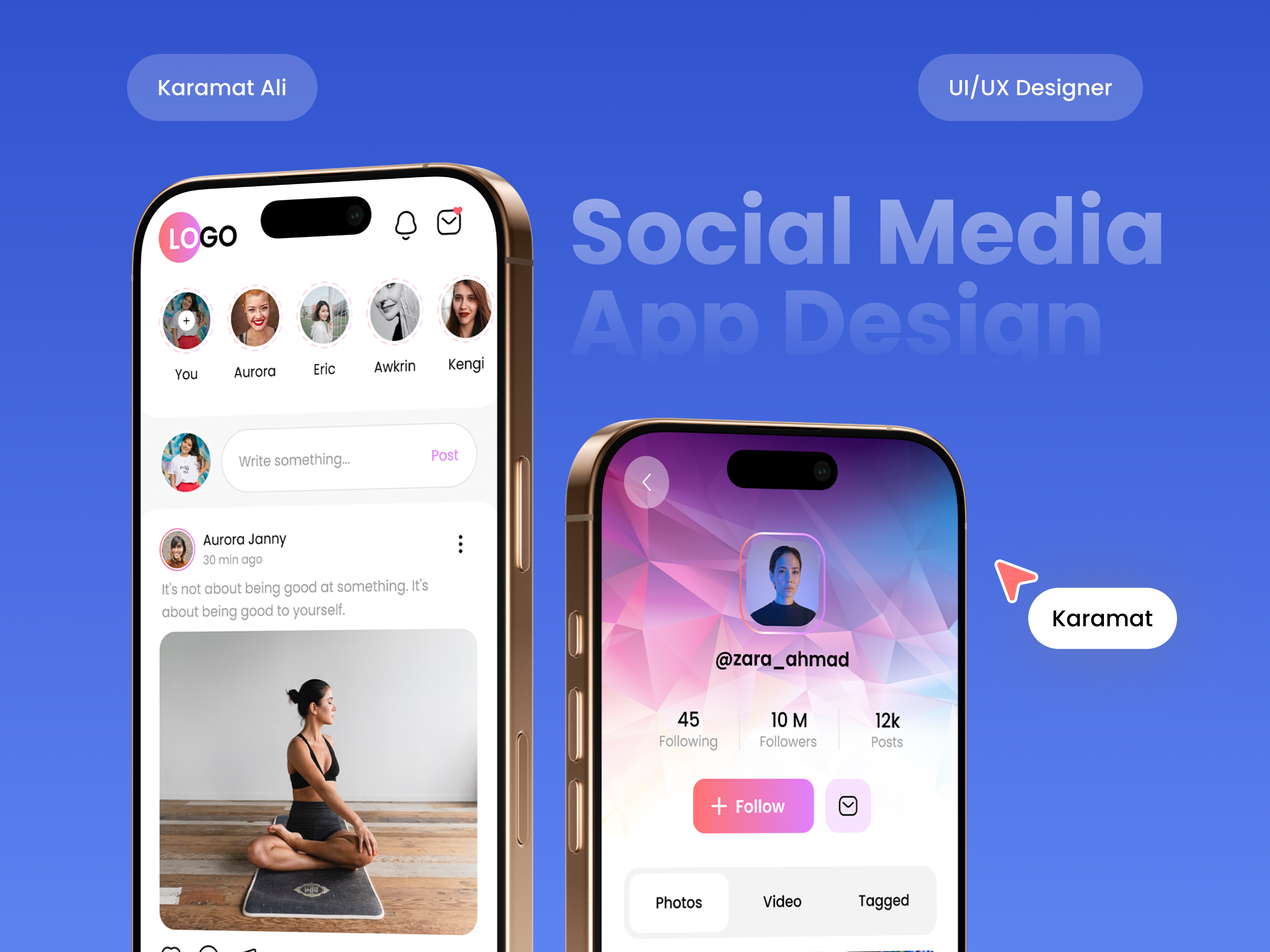 Social Media App | User Profile add to cart design bottom navigation bar calling screen chat screen checkout checkout page my cart news feed profile design shopping app social media app splash screen top bar unique bottom navigation user profile video calling