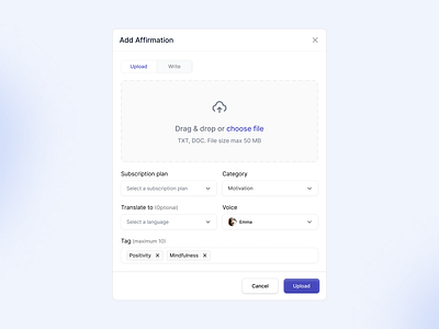 Manova - Upload Modal affirmation clean dashboard design document minimalist modal pop up popup positivity product design saas trend ui upload ux voice web web app website