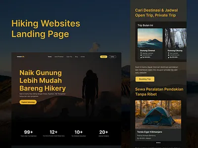 Hiking Website Landing Page darkdesign desktop landing page graphic design hiking landing page hiking service hiking website indonesia startup landing page minimalist travel website mobile landing page travel design travel landing page travel website ui uiux website design