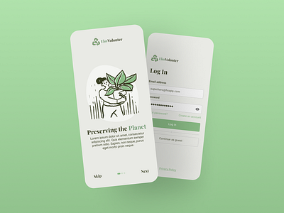 🌱 Eco Volunteer Mobile App android application earth eco ecology flutter green ios kotlin light login mobile modern nature onboarding planet plants recycle ui ux