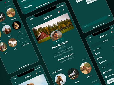 Horse Organizer App animals app community dark dark mode dashboard dressage equestrian green hobby horse horse firm horse riding mobile organizer planner riding training ui ux