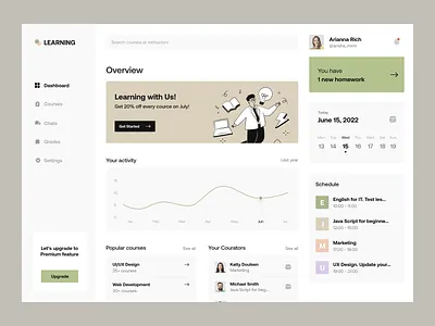 Learning - Education Dashboard clean courses dashboard education educational light simple web