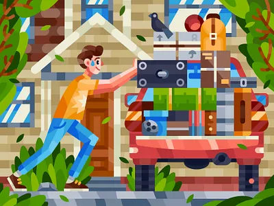 Stuffed Trunk bags house illustration man senko shipment trunk vacation