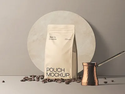 Pouch Mockup With Coffee Beans On The Floor Front View coffee