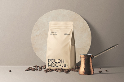 Pouch Mockup With Coffee Beans On The Floor Front View coffee