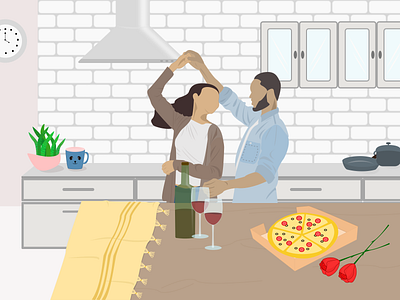 Romantic couple in Kitchen couple dance happy illustration kitchen love romance rose wine