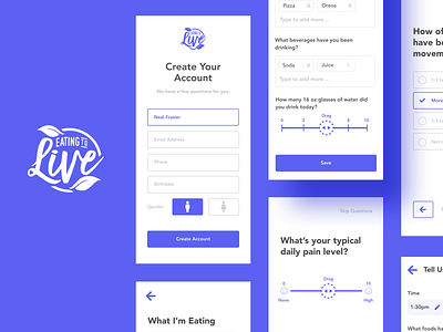 Eating to Live App application branding health login mobile onboarding quiz ui