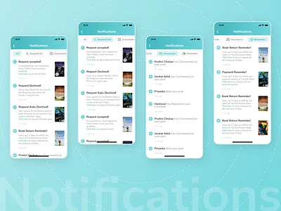 Notifications Screen app application blue bookapp books branding design dribble filters minimal mobile multiselect new notification reminders requests status trending ui ux