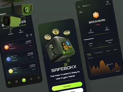 SAFEBOKX - Cryptocurrency Wallet App in Dark Mode app design banking bitcoin chart crypto crypto app crypto wallet cryptocurrency dark dark ui design exchange finance fintech mobile mobile app mobile design porduct design trading wallet