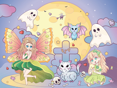 Cute Halloween Night With Chibi Fairy and Cute Girl animation character chibi fairy chibi girl cute cute animal ghost graphic design halloween night horror illustration illustrator kawaii kawaii illustration kids love motion graphics playing sticker vector