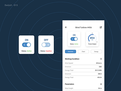 Daily UI - 015: On/Off Switch analytics blue app challenge daily ui daily ui 015 dailyui challenge design eco app eco energy industrial mobile app on off switch onoff ui ui ux wind wind energy windmill