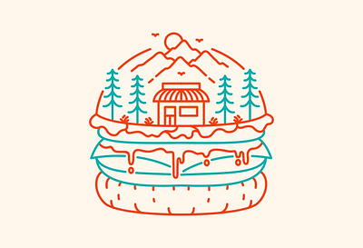 Burger Shop in Nature T-Shirt adventure apparel burger burger addict burger lover cheeseburger drink fast food food hamburger junk food monoline mountain nature outline patty sandwich shop tatto tshirt