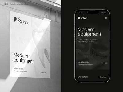 Sofino / Website for dental clinic in Zurich clean clean design clean ui dark theme dental dental clinic design homepage landing minimal mobile mobile app mockup modern poster typo typography ui ui design ux design