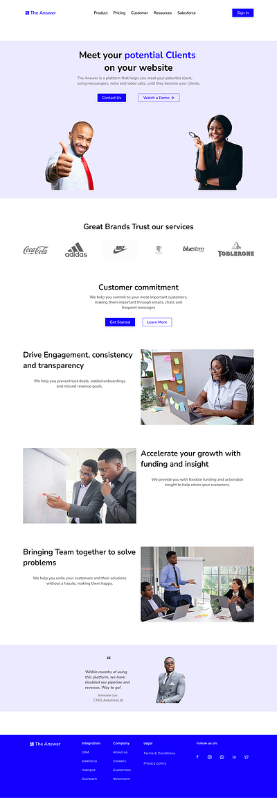 Landing Page of the Answer SAAS Company landing page product design ui ux