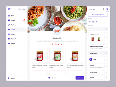Ecommerce layout customiser clean design customiser design ecomm ecommerce layout link in bio linkbio minimal page builder page designer ui