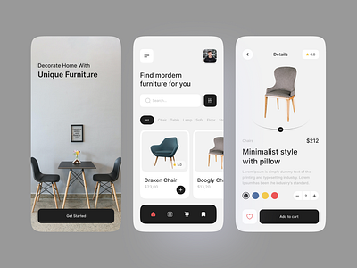 Furniture Shop Mobile App app design chair clean desk lamp ecommerce ecommerce app ecommerce design furniture furniture app furniture store mhrana200 minimalist online shop shop sofa store table ui uiux ux