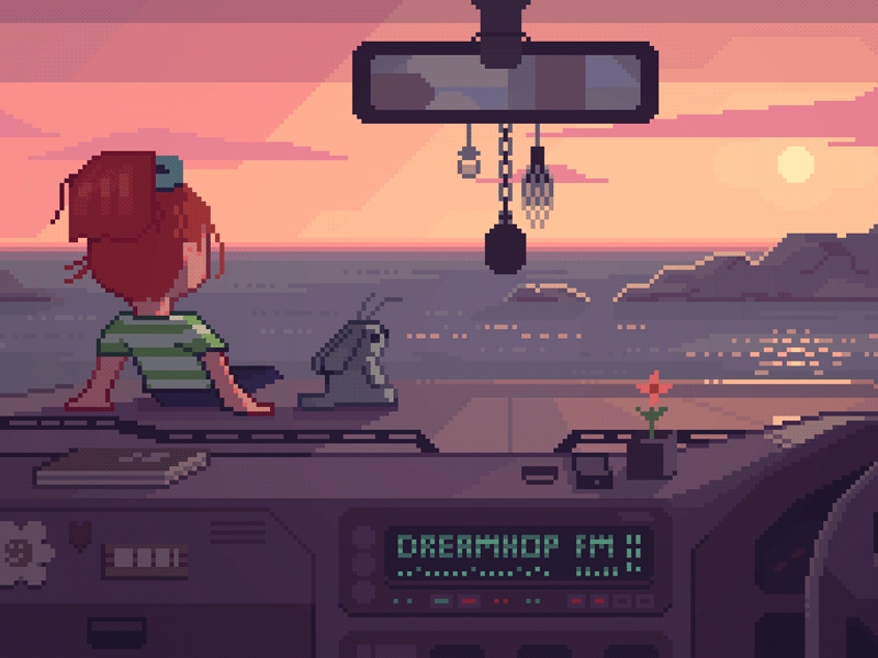 Mia on the car 8bit aesthetic beach car contrast illustration pixelart retro sunset vaporwave