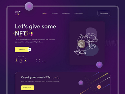 NFT Marketplace - Landing Page app art art landing page crypto cryptocurrency design illustration landing landing page nft nft art nft marketplace nft web design nft webdesign token ui uiux userinterface web webdesign