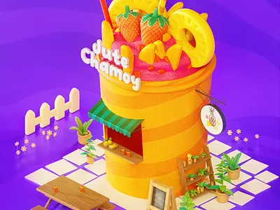 Isometric drink illustration 3d 3d art blender design drink garden honduras illustration isometric art low poly mango pineapple plants purple strawberry stylized table