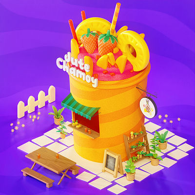 Isometric drink illustration 3d 3d art blender design drink garden honduras illustration isometric art low poly mango pineapple plants purple strawberry stylized table