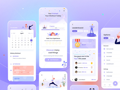 Yoga App app calendar charts fitness healthy illustration interface ios leaderboard minimal mobile rate setting success timeline timetable ui workout yoga