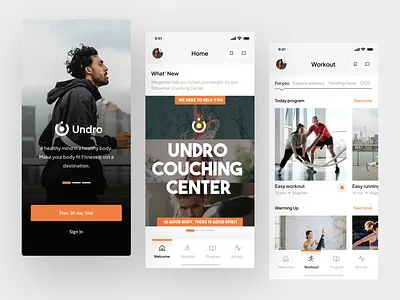 Undro: Workout Training Center App app clean design fitness graphic design gym minimalist mobile mobile design navbar on boarding popular product design training ui ui design ux workout
