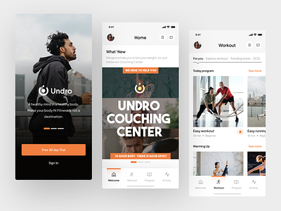 Undro: Workout Training Center App app clean design fitness graphic design gym minimalist mobile mobile design navbar on boarding popular product design training ui ui design ux workout