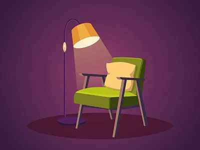 Vector illustration armchair in dark room and floor lamp. illustration аппартаменты вечерний интерьер включеная лампа гостиная дизайн квартиры домашний интерьер кресло кресло и напольная лампа кресло и торшер освещение в темной комнате подушка софа уютный интерьер фурнитура