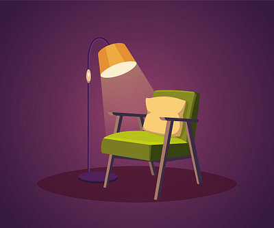 Vector illustration armchair in dark room and floor lamp. illustration аппартаменты вечерний интерьер включеная лампа гостиная дизайн квартиры домашний интерьер кресло кресло и напольная лампа кресло и торшер освещение в темной комнате подушка софа уютный интерьер фурнитура