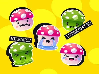 Muscaria Intoxicated character emoji expressions feelings flat green illustration intoxicated micro muscaria mushrom nature smiley t shirt vector