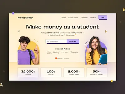 MoneyBuddy UI Design buddy clean design dope design education landing page design minimal design money product design students trending design 2022 ui uiux user interface ux uxdesign web design