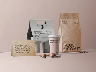 Branding Coffee Set With Pouch And Paper Cup Mockups Front View coffee