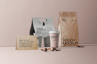 Branding Coffee Set With Pouch And Paper Cup Mockups Front View coffee