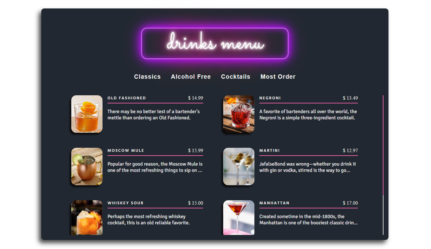 Example of All Blues Lounge's Menu