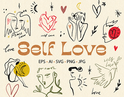 Self Love Bundle abstract boho bundle design illustration line art minimalist art modern picasso self care self care art self love self love art vector wellness
